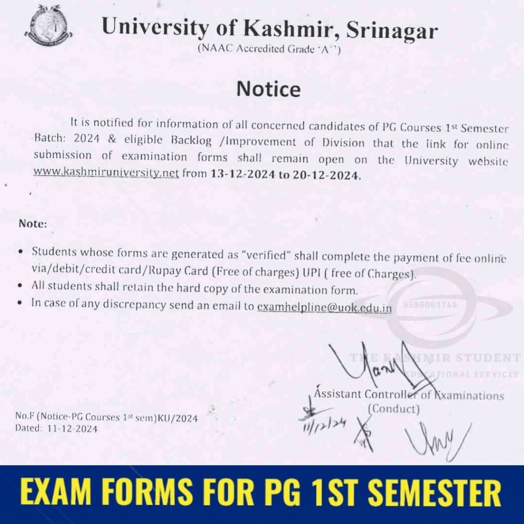 Kashmir University Exam Forms