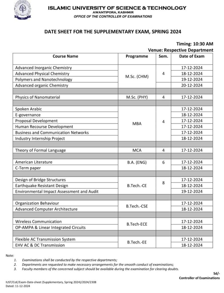 IUST Datesheet 2024 for Supplementary Examination, Spring 2024