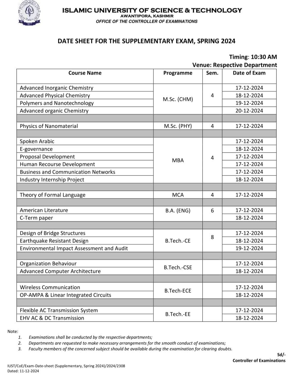 IUST Datesheet 2024 for Supplementary Examination, Spring 2024