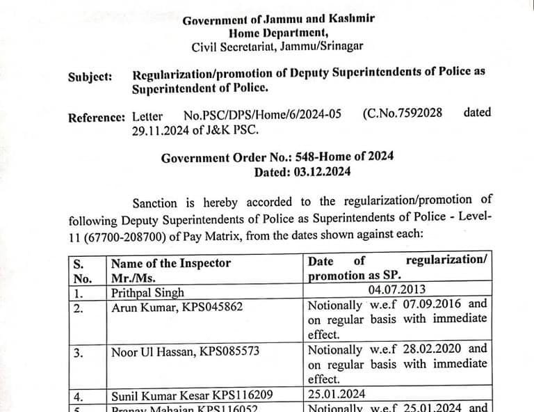 J&K Govt Ordered Regularization/ Promotion of 59 DySPs to SPs