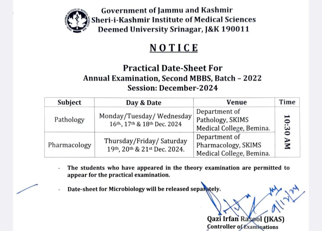 SKIMS Practical DateSheet 2nd MBBS, Annual Examination