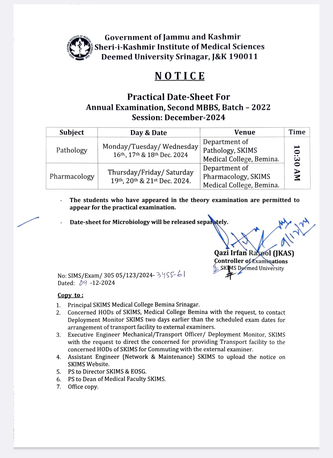 SKIMS Practical DateSheet 2nd MBBS